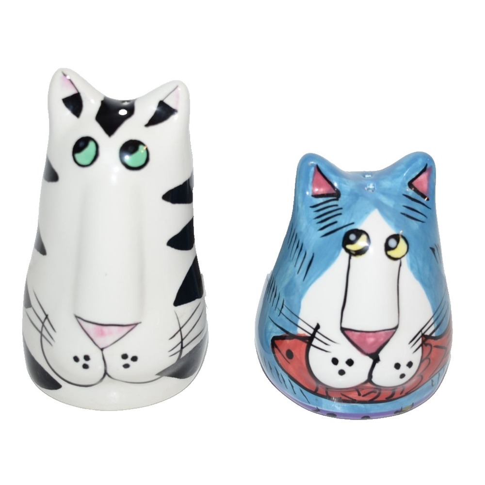 Catzilla Salt Pepper Shaker Set Blue Cat Black Stripe Cat Quirky Cute Whimsical